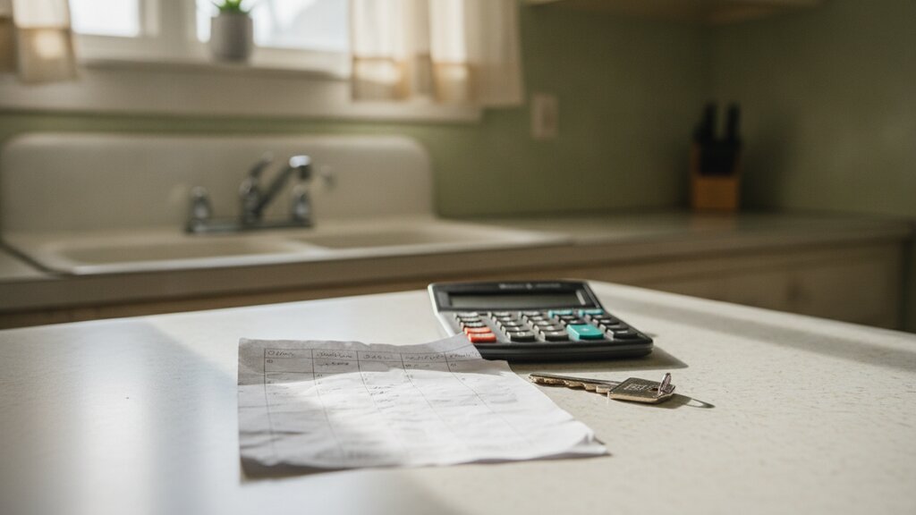 A handwritten offer worksheet with columns of numbers beside a calculator and a house key on a kitchen counter in morning light.