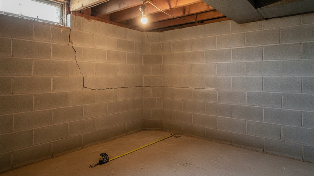A basement corner with a bowed concrete block wall and a tape measure laid against it, lit by a single bare bulb.