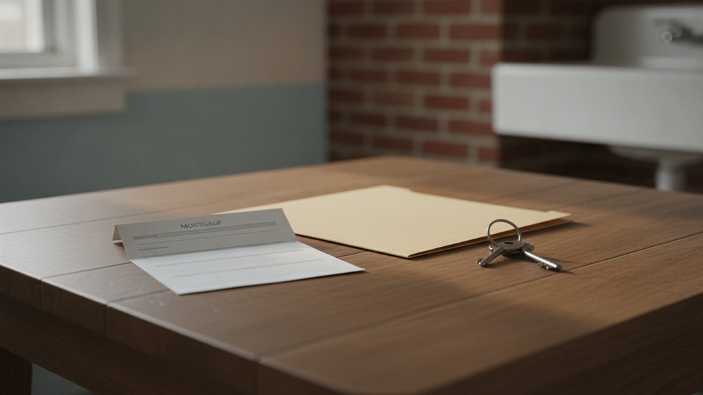A mortgage statement and a set of house keys on a kitchen table beside a closing folder in soft morning light.