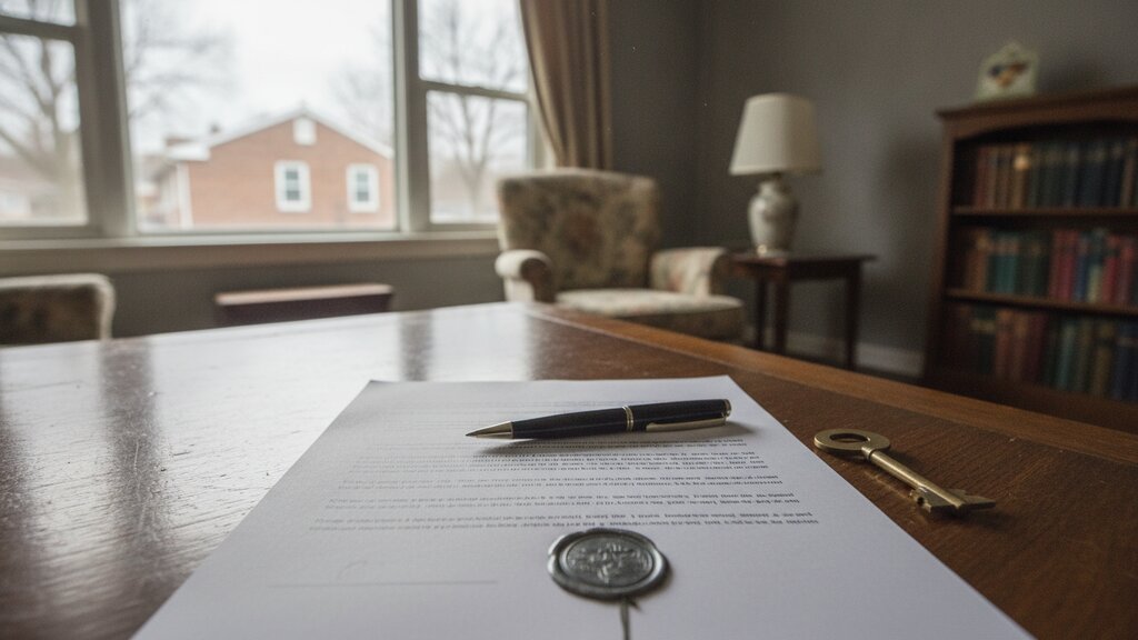 A notarized document, a pen and a small house key on a desk in an assisted-living room, lit by window light.