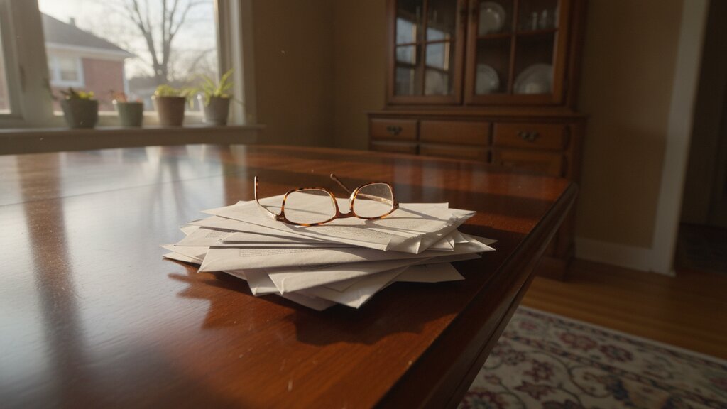 A stack of opened lender envelopes on a dining table in an older brick home, with reading glasses on top in late afternoon light.