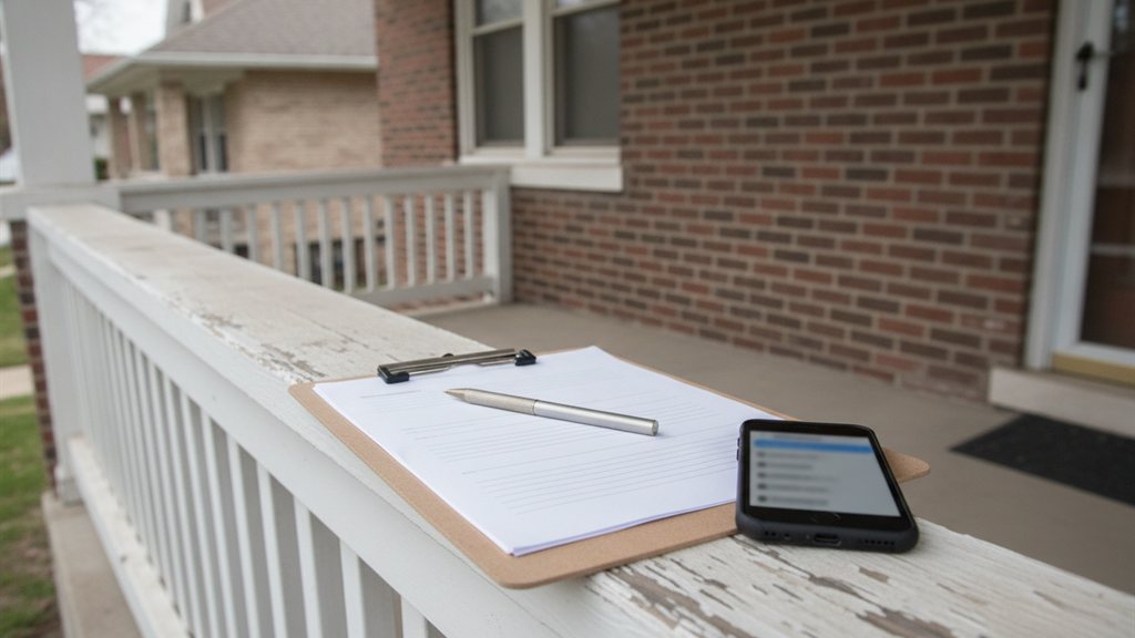 A printed purchase agreement on a clipboard with a pen and a phone showing a reviews page, resting on a porch railing in daylight.