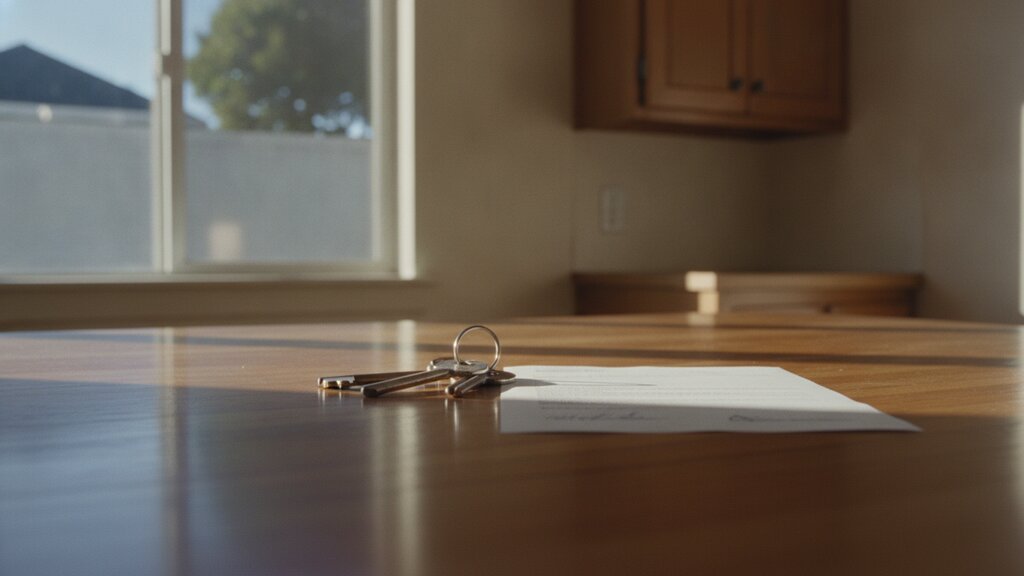 A ring of keys and a signed agreement on the counter of an empty flat in a two-unit Victorian, in afternoon light.