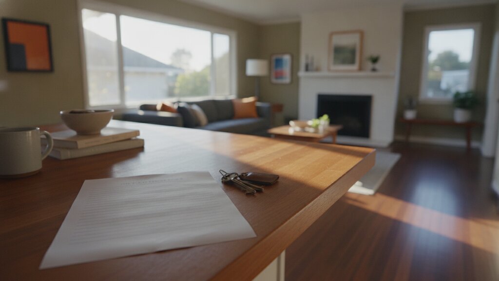 An escrow statement and a set of house keys on the kitchen island of a mid-century Bay Area home in morning light.