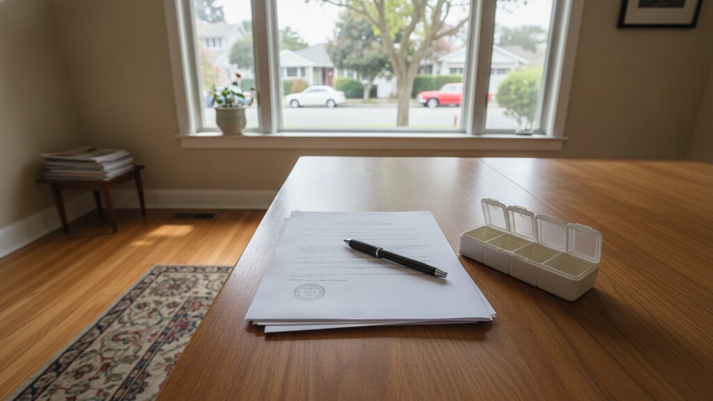 A notarized power of attorney and a pen on a dining table beside a pill organizer, with a window onto a quiet street.