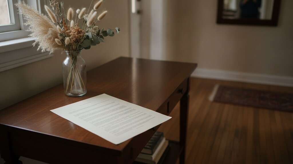 A reverse mortgage servicer's letter on a hall table in a Bay Area ranch house, beside a vase of dried flowers in soft daylight.