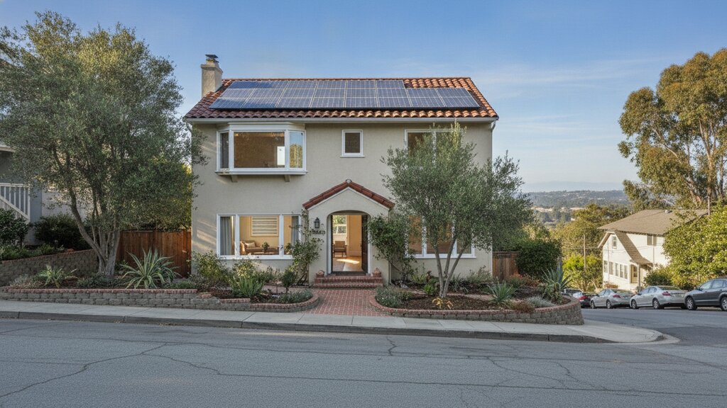 Solar panels on the roof of a stucco house on a hillside street under a clear midday sky.