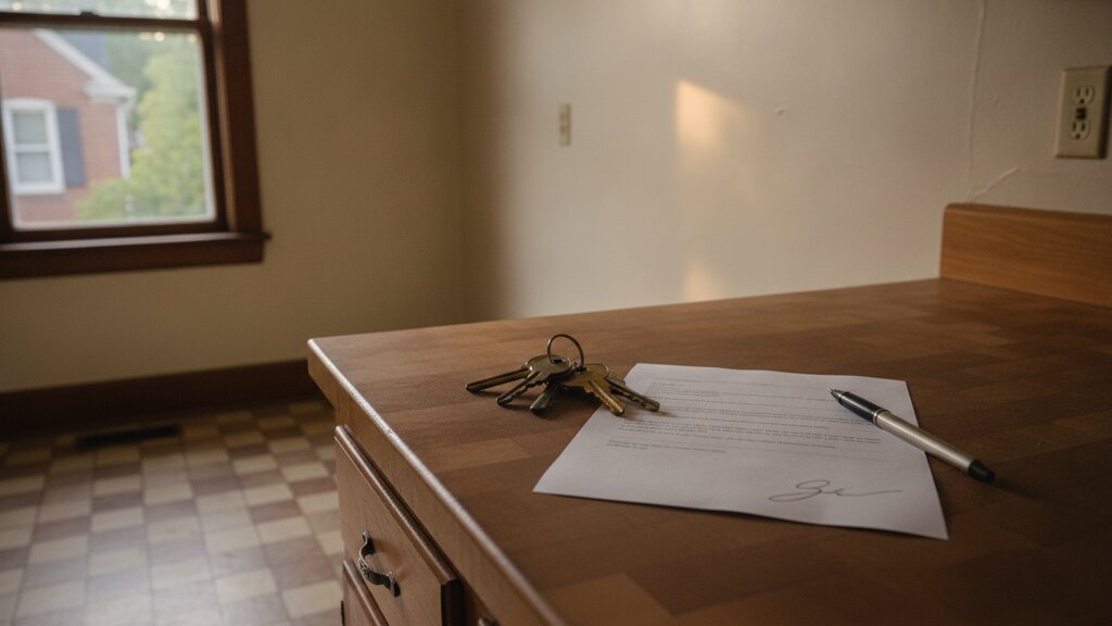 A ring of keys and a signed one-page agreement on the counter of an empty rental kitchen in afternoon light.