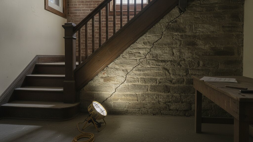 A stone basement wall with a long crack, seen from the bottom of wooden stairs, with a work light on the floor beside it.