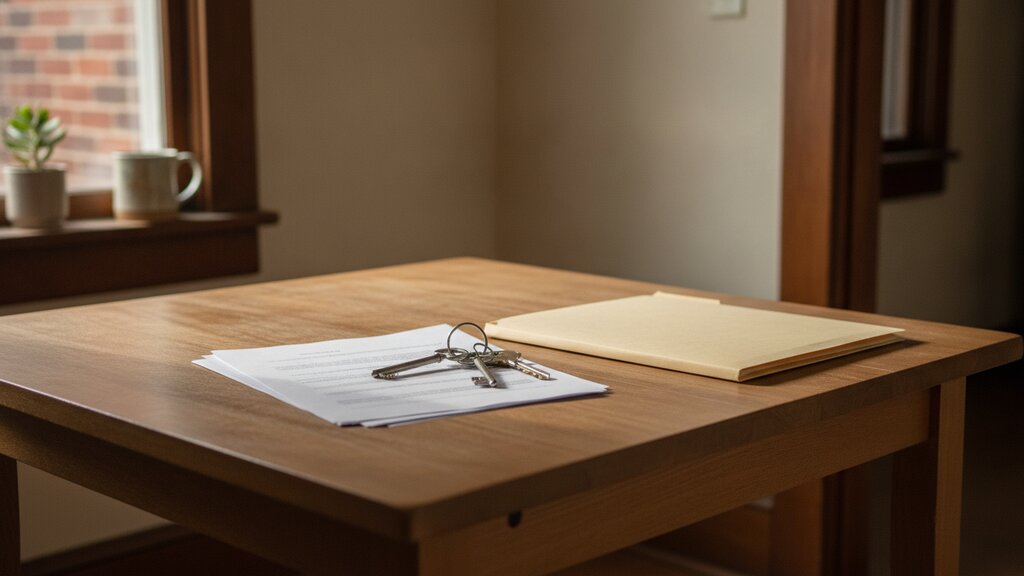 A mortgage statement and a set of house keys on a kitchen table in an older brick house, with a closing folder beside them in morning light.