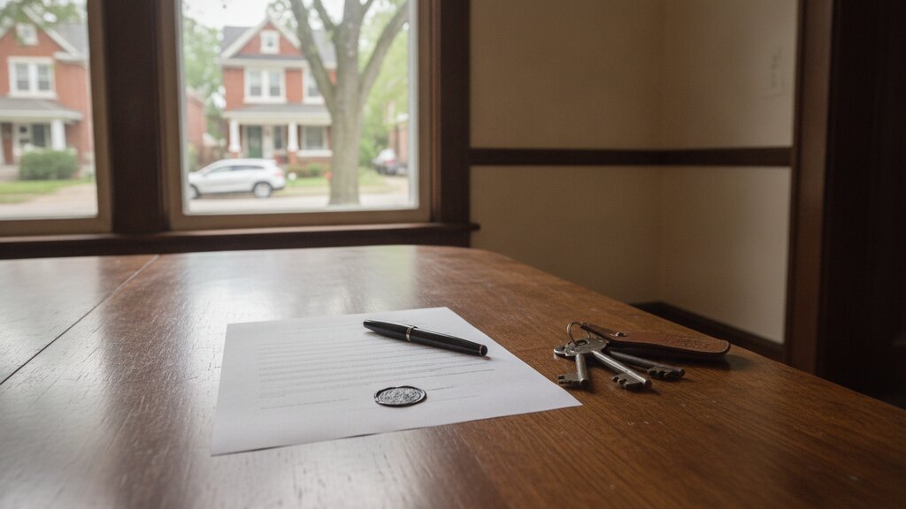A notarized document and a pen on a dining table beside a set of house keys, with a window looking out on a quiet residential street.