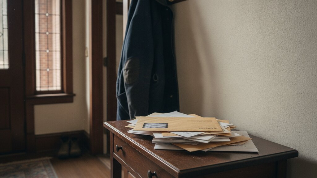 A stack of mail with a loan servicer's envelope on a hall table in an older home, a coat still on its hook, in soft daylight.